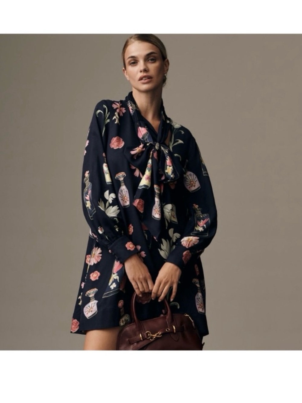 Navy Floral Tie-Neck Mini Dress